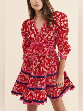 Celia B Gladys Red Floral Tie-Bow Puff Ruffle Sleeve Mini Dress Size Small